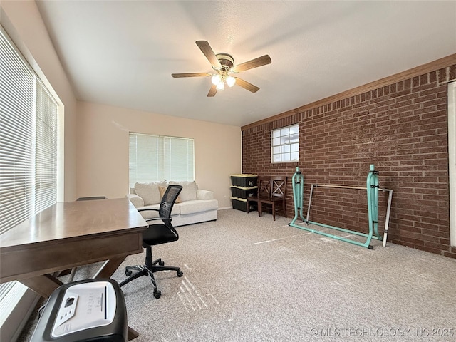 1604 N 2nd Ave, Warner, OK 74469 - office with brick wall, a ceiling fan, and carpet