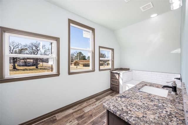 101 Dunn, Caddo, OK 74729 - bathroom with wood finished floors, vanity, and vaulted ceiling
