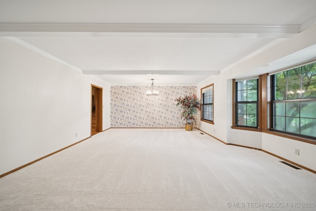 11637 W 86th St S, Sapulpa, OK 74066 - spare room with carpet, a chandelier, wallpapered walls, ornamental molding, and beamed ceiling