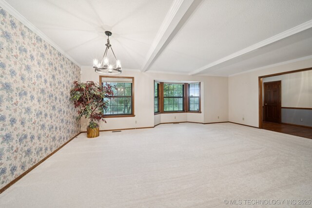 11637 W 86th St S, Sapulpa, OK 74066 - carpeted empty room with wallpapered walls, a chandelier, and ornamental molding