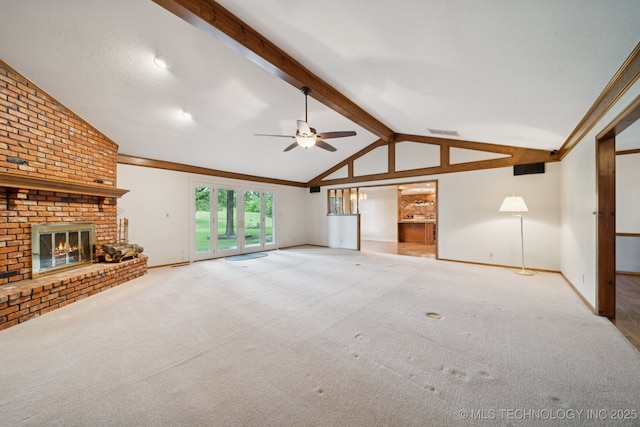11637 W 86th St S, Sapulpa, OK 74066 - unfurnished living room featuring a ceiling fan, carpet, and a brick fireplace