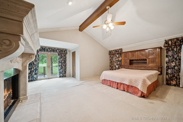 11637 W 86th St S, Sapulpa, OK 74066 - bedroom featuring light colored carpet, access to outside, a premium fireplace, crown molding, and a ceiling fan