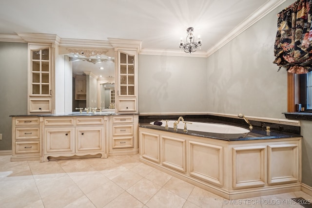 11637 W 86th St S, Sapulpa, OK 74066 - bathroom with a bath, a chandelier, ornamental molding, vanity, and tile patterned floors