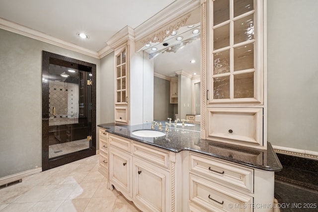 11637 W 86th St S, Sapulpa, OK 74066 - full bathroom featuring crown molding, vanity, a shower stall, and recessed lighting