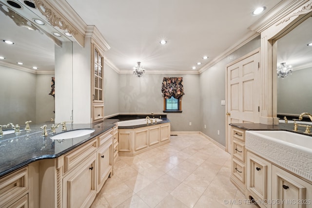 11637 W 86th St S, Sapulpa, OK 74066 - bathroom featuring vanity, a bath, ornamental molding, recessed lighting, and tile patterned floors