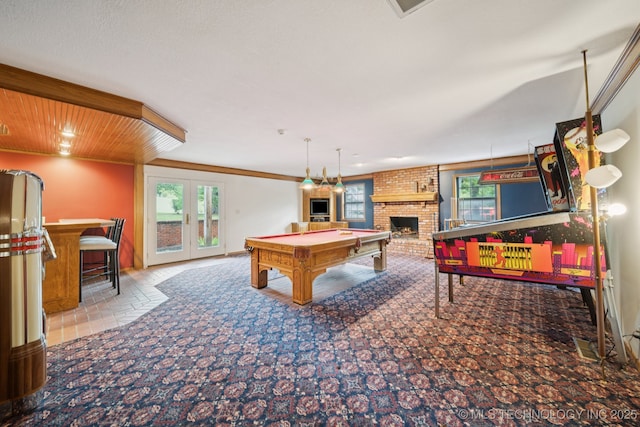 11637 W 86th St S, Sapulpa, OK 74066 - game room with a brick fireplace, plenty of natural light, billiards table, and carpet flooring