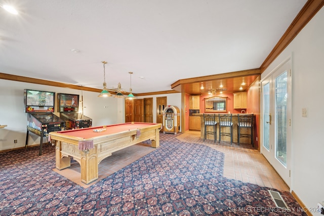 11637 W 86th St S, Sapulpa, OK 74066 - game room with billiards table, crown molding, and carpet flooring
