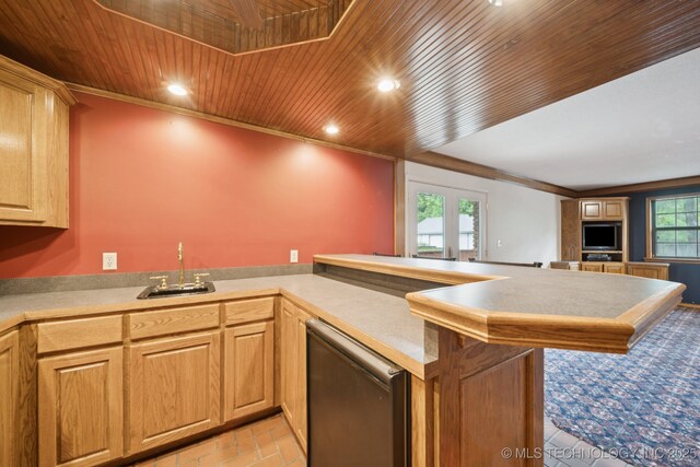 11637 W 86th St S, Sapulpa, OK 74066 - kitchen with wood ceiling, ornamental molding, a peninsula, open floor plan, and brick floors