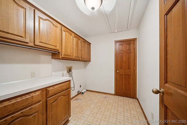 11637 W 86th St S, Sapulpa, OK 74066 - laundry area featuring attic access, cabinet space, light floors, electric dryer hookup, and hookup for a washing machine