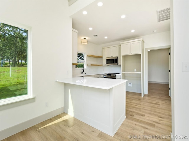 2 Valley View Dr, Burneyville, OK 73430 - kitchen with appliances with stainless steel finishes, recessed lighting, open shelves, light wood-style flooring, and light countertops