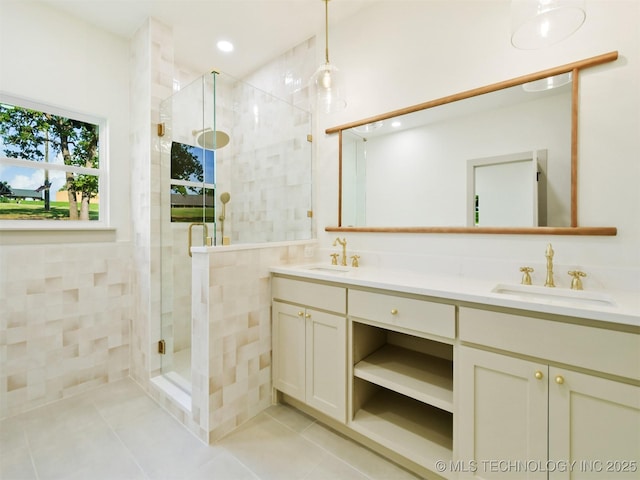 2 Valley View Dr, Burneyville, OK 73430 - bathroom with double vanity, a stall shower, tile patterned floors, and recessed lighting