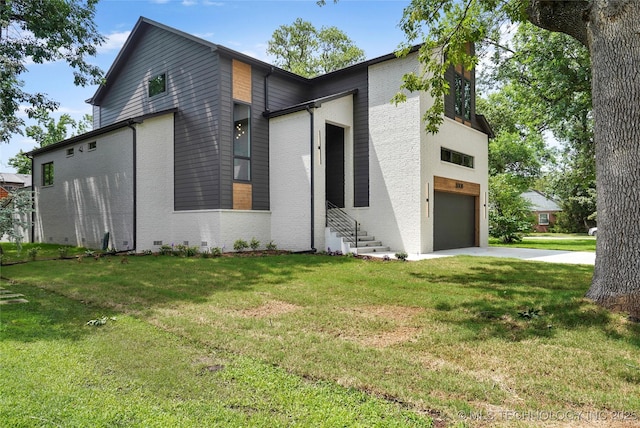 3008 S Boston Ct, Tulsa, OK 74114 - contemporary house featuring an attached garage, driveway, brick siding, a front lawn, and entry steps