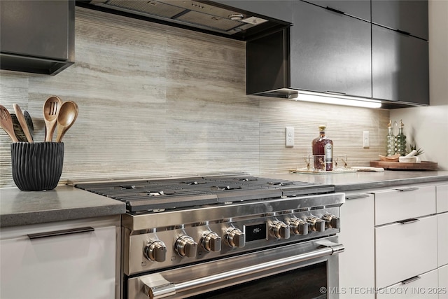 3008 S Boston Ct, Tulsa, OK 74114 - kitchen with high end stainless steel range, range hood, tasteful backsplash, and white cabinets