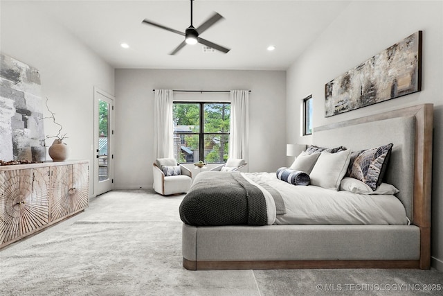 3008 S Boston Ct, Tulsa, OK 74114 - carpeted bedroom with access to outside, recessed lighting, and a ceiling fan