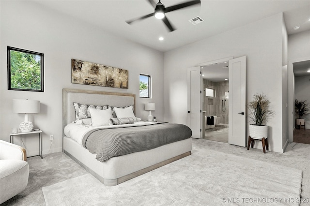 3008 S Boston Ct, Tulsa, OK 74114 - bedroom with carpet flooring, recessed lighting, connected bathroom, and ceiling fan