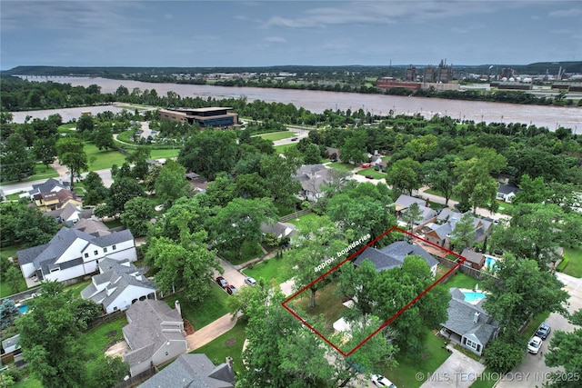 3008 S Boston Ct, Tulsa, OK 74114 - aerial perspective of suburban area with property boundaries highlighted and a large body of water