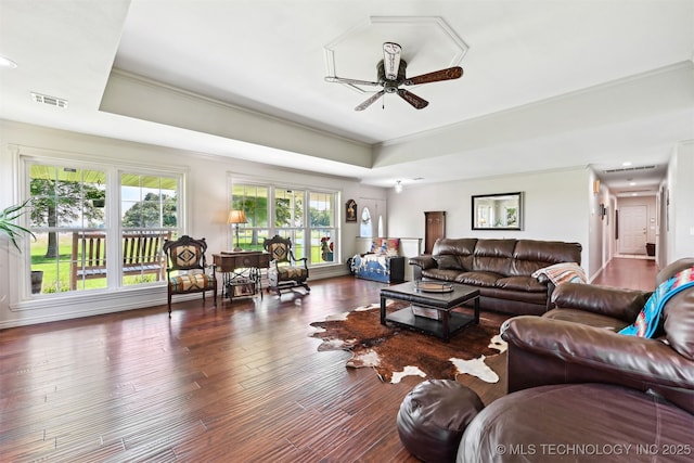23535 E 720th Rd, Wagoner, OK 74467 - living room featuring a raised ceiling, crown molding, a ceiling fan, wood finished floors, and recessed lighting