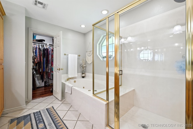 23535 E 720th Rd, Wagoner, OK 74467 - full bathroom with a whirlpool tub, a stall shower, tile patterned floors, a spacious closet, and recessed lighting