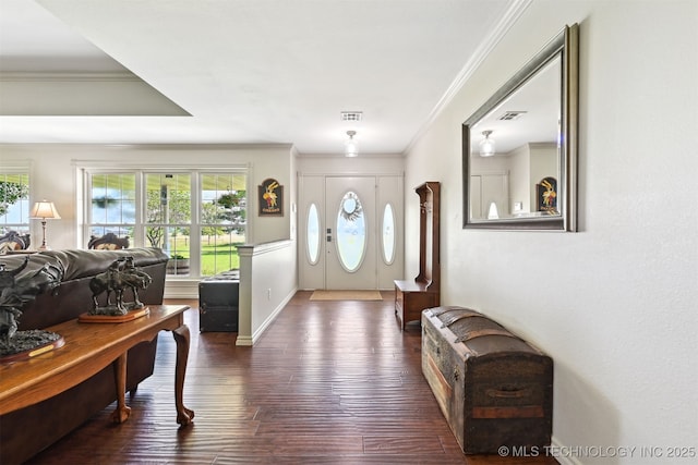 23535 E 720th Rd, Wagoner, OK 74467 - entrance foyer with dark wood-type flooring and ornamental molding