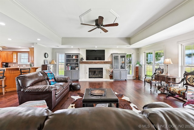 23535 E 720th Rd, Wagoner, OK 74467 - living room with a tray ceiling, ceiling fan, crown molding, wood finished floors, and a glass covered fireplace