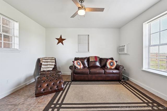 23535 E 720th Rd, Wagoner, OK 74467 - tiled living area featuring an AC wall unit and ceiling fan