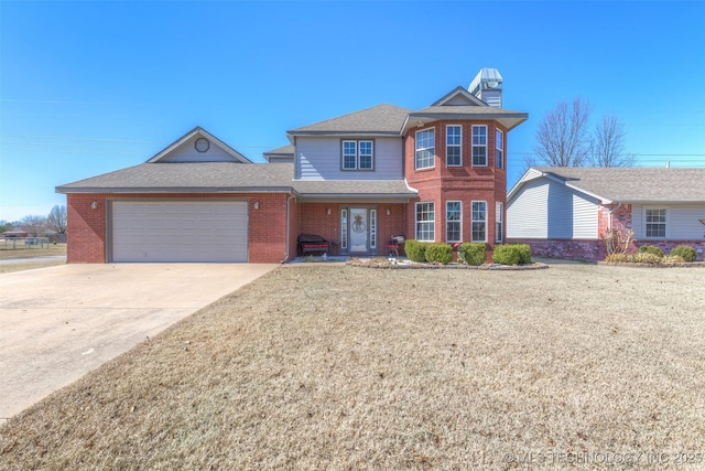 1314 Ford Circle Dr, Wagoner, OK 74467 - traditional-style home with a garage, a chimney, a front lawn, concrete driveway, and a shingled roof