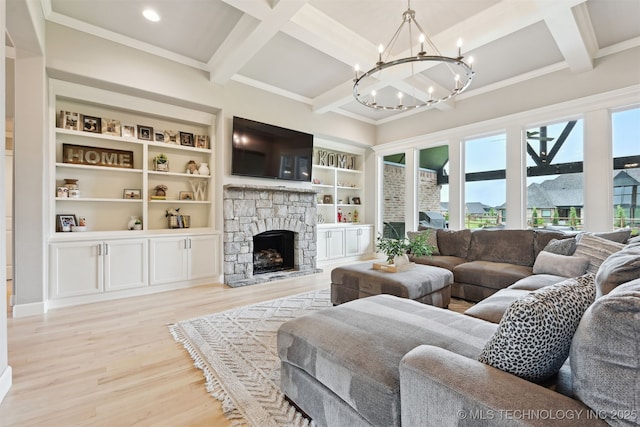 11325 S 212th E Ave, Broken Arrow, OK 74014 - living area with light wood-style floors, a chandelier, beam ceiling, a stone fireplace, and coffered ceiling