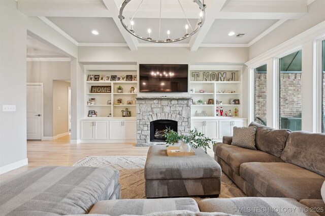 11325 S 212th E Ave, Broken Arrow, OK 74014 - living room featuring coffered ceiling, light wood finished floors, beamed ceiling, a chandelier, and ornamental molding