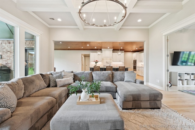 11325 S 212th E Ave, Broken Arrow, OK 74014 - living room featuring light wood-type flooring, beamed ceiling, recessed lighting, coffered ceiling, and a chandelier
