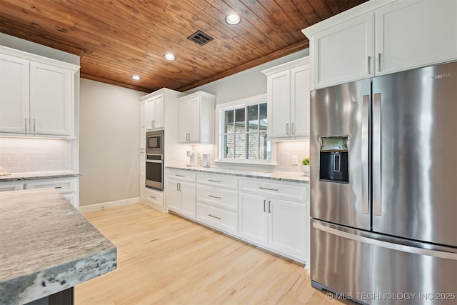 11325 S 212th E Ave, Broken Arrow, OK 74014 - kitchen with stainless steel appliances, wooden ceiling, recessed lighting, white cabinetry, and light wood-style floors