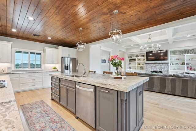 11325 S 212th E Ave, Broken Arrow, OK 74014 - kitchen featuring appliances with stainless steel finishes, gray cabinets, white cabinets, light wood-style flooring, and recessed lighting