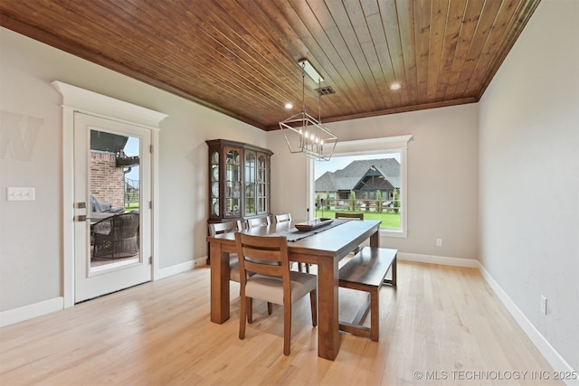 11325 S 212th E Ave, Broken Arrow, OK 74014 - dining room with wooden ceiling, a chandelier, light wood-style flooring, healthy amount of natural light, and recessed lighting