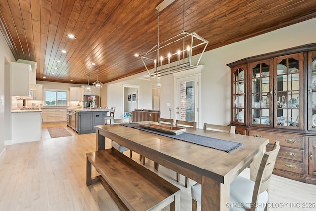 11325 S 212th E Ave, Broken Arrow, OK 74014 - dining room with wooden ceiling, light wood-style floors, recessed lighting, a chandelier, and ornamental molding