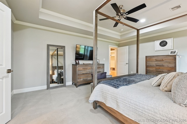 11325 S 212th E Ave, Broken Arrow, OK 74014 - bedroom with a tray ceiling, crown molding, light carpet, recessed lighting, and ceiling fan