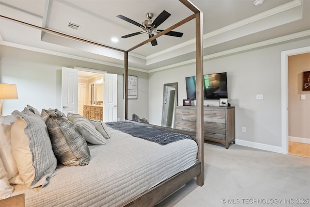 11325 S 212th E Ave, Broken Arrow, OK 74014 - bedroom featuring a tray ceiling, crown molding, light carpet, ensuite bathroom, and a ceiling fan