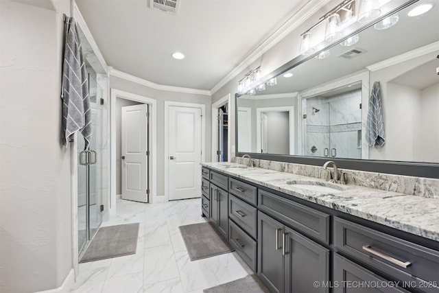 11325 S 212th E Ave, Broken Arrow, OK 74014 - bathroom featuring marble look tile flooring, double vanity, a shower stall, ornamental molding, and recessed lighting