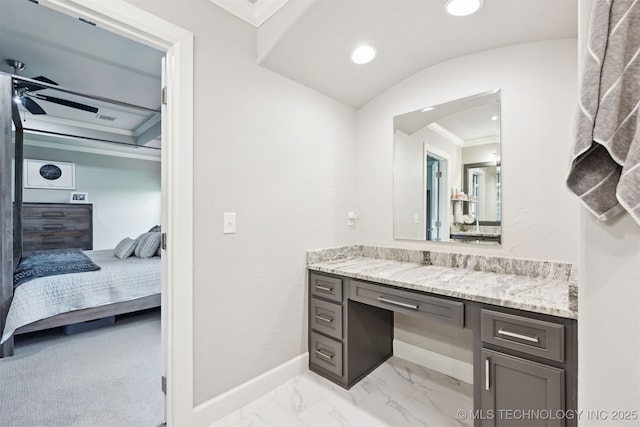 11325 S 212th E Ave, Broken Arrow, OK 74014 - ensuite bathroom with vanity, crown molding, recessed lighting, marble finish flooring, and a ceiling fan