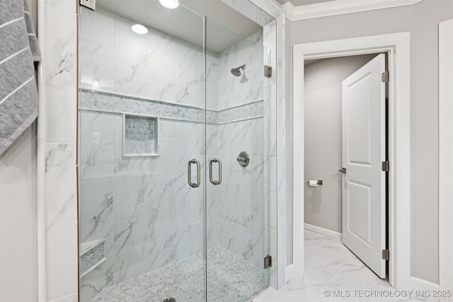 11325 S 212th E Ave, Broken Arrow, OK 74014 - bathroom with marble look tiles, a marble finish shower, and crown molding