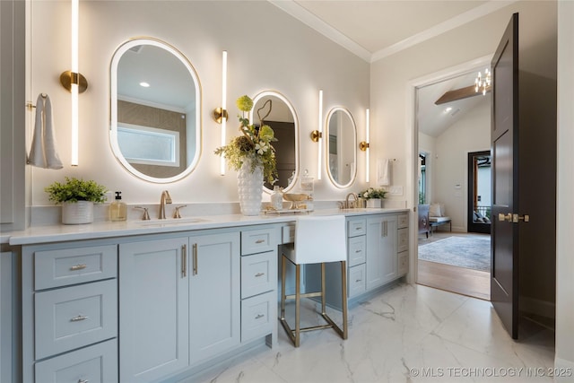 6026 E 119th Pl, Tulsa, OK 74137 - full bath with double vanity, crown molding, marble finish flooring, and lofted ceiling
