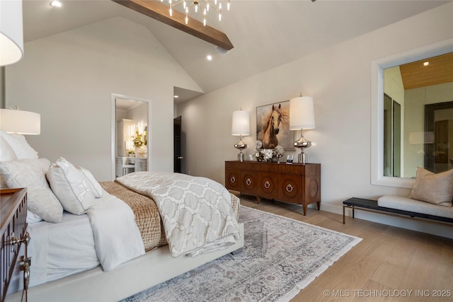 6026 E 119th Pl, Tulsa, OK 74137 - bedroom featuring wood finished floors, high vaulted ceiling, recessed lighting, and ensuite bath