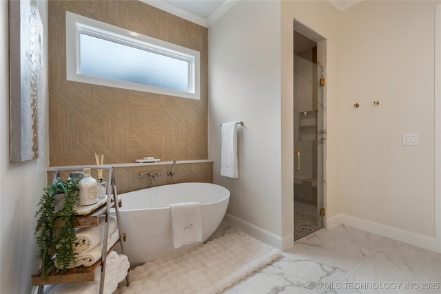 6026 E 119th Pl, Tulsa, OK 74137 - full bath featuring a freestanding bath, marble finish floors, and a shower stall