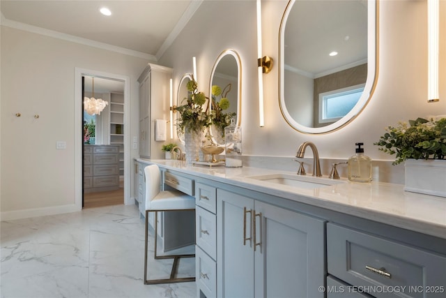 6026 E 119th Pl, Tulsa, OK 74137 - bathroom featuring crown molding, double vanity, marble finish floors, and recessed lighting