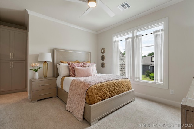 6026 E 119th Pl, Tulsa, OK 74137 - bedroom featuring light colored carpet, crown molding, and a ceiling fan