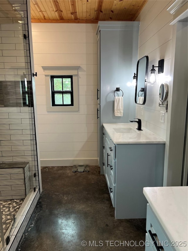 13425 SW 1025th Ave, Tuskahoma, OK 74571 - full bath featuring vanity, wood ceiling, a stall shower, concrete flooring, and wood walls