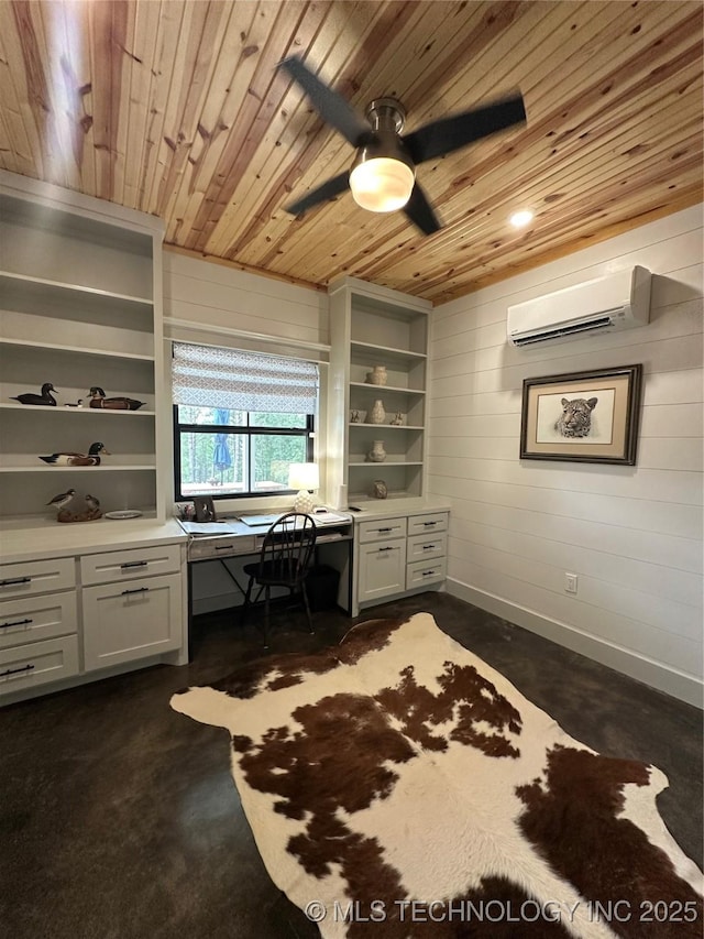 13425 SW 1025th Ave, Tuskahoma, OK 74571 - office area featuring a wall unit AC, wood ceiling, built in desk, a ceiling fan, and wooden walls