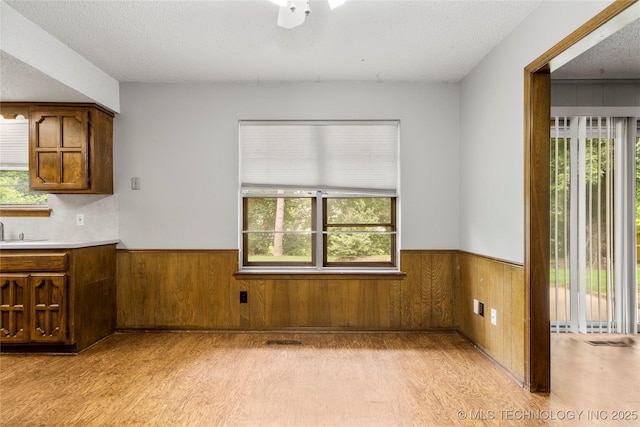 911 N Fir St, Jenks, OK 74037 - unfurnished dining area with wainscoting, wood walls, healthy amount of natural light, light wood-style flooring, and a textured ceiling