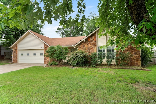 911 N Fir St, Jenks, OK 74037 - view of front facade with stone siding, concrete driveway, a garage, and a front yard
