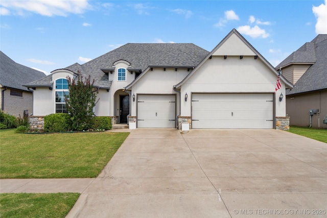 12913 S Ash St, Jenks, OK 74037 - french country inspired facade with stucco siding, an attached garage, driveway, a front yard, and stone siding