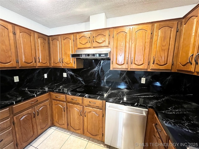 619 W 4th St, Skiatook, OK 74070 - kitchen featuring ventilation hood, stainless steel dishwasher, black electric stovetop, brown cabinets, and a textured ceiling