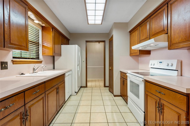816 N Birch St, Jenks, OK 74037 - kitchen featuring white appliances, under cabinet range hood, brown cabinets, and light countertops